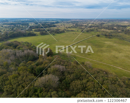 Aerial view of a serene landscape featuring green fields, a dirt road, and a mix of dense and sparse trees, with an open horizon under a calm, clear sky. 122306467