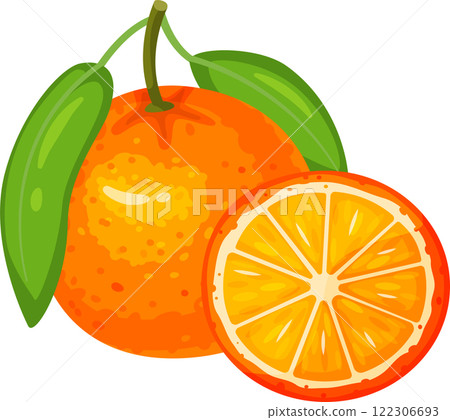 Ripe orange with vibrant green leaves is presented alongside a perfectly sliced section, revealing the succulent, juicy texture and segments of the fruit 122306693