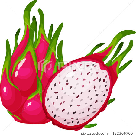 Vibrant illustration showcasing a whole dragon fruit alongside a halved one, revealing its white flesh speckled with black seeds, emphasizing freshness and the exotic allure of this tropical fruit 122306700