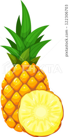 Whole pineapple with sliced part showing the inside, isolated on white background, ideal for illustrating healthy eating habits or tropical locations Whole pineapple with sliced part showing the inside, isolated on white background, ideal for illustrating healthy eating habits or tropical locations 122306703