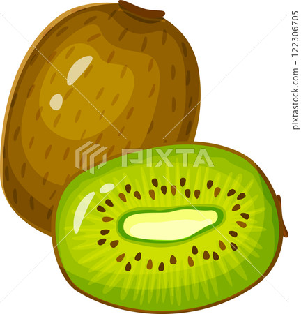 Whole kiwi fruit alongside a half kiwi fruit, revealing vibrant green pulp, tiny black seeds, and a pale core, creating an enticing and healthy visual representation 122306705