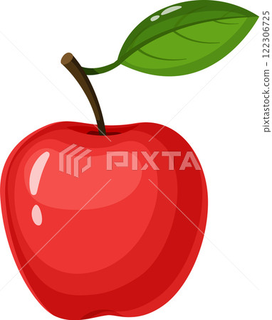 Cartoon style illustration of a ripe, shiny red apple with a single green leaf and brown stem, promoting healthy eating and representing freshness and natural goodness 122306725