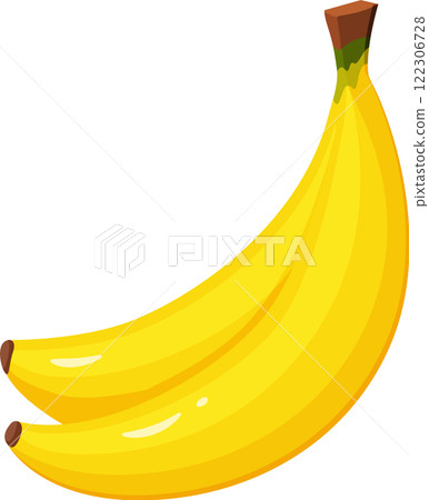 Two ripe bananas are laying on a white background, forming a beautiful yellow crescent shape, perfect for healthy eating and tropical themes 122306728