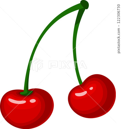 Two shiny red cherries are depicted hanging from their green stems against a pristine white backdrop, showcasing the vibrant colors and inviting freshness of the fruit 122306730