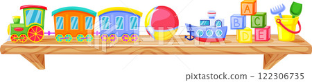 Colorful train, a beach ball, a toy boat, letter cubes and a bucket with a rake and shovel are resting on a wooden shelf, waiting for kids to play with them 122306735