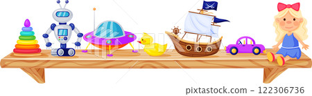 Wooden shelf displays a variety of colorful children s toys, creating a playful and nostalgic scene perfect for illustrating childhood, playtime, or the toy industry 122306736