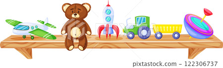 Colorful toys sitting on wooden shelf including teddy bear, airplane, rocket, tractor with trailer and spinning top, representing childhood, fun and games 122306737