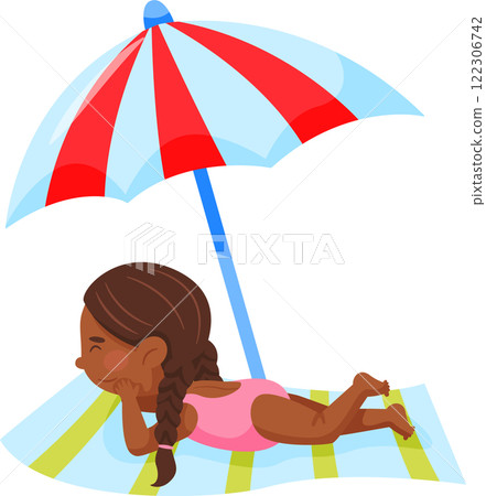 Cartoon illustration featuring a cute dark skinned girl with braided hair, relaxing on a striped beach towel under a red and light blue umbrella on a sunny beach day Cartoon illustration featuring a cute dark skinned girl with braided hair, relaxing on a striped beach towel under a red and light blue umbrella on a sunny beach day 122306742