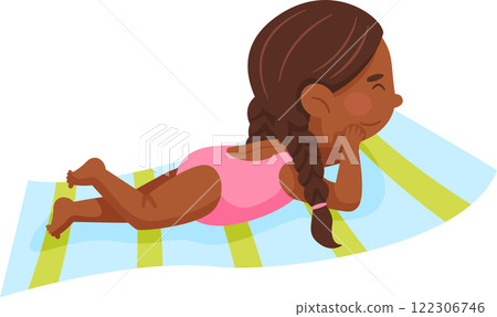 Young girl with braided hair enjoys a sunny day, lying on a colorful striped towel. She wears a pink swimsuit, embodying a carefree summer vibe, perfect for a beach or poolside setting 122306746