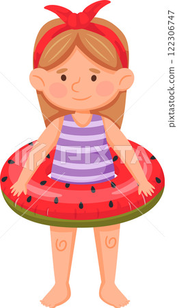 Cheerful young girl wearing a watermelon themed inflatable ring, ready for summer fun. Her striped outfit and red headband add a playful touch to the scene 122306747