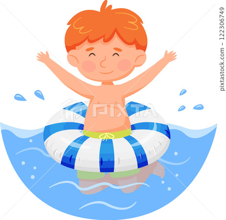 Redhead boy with arms up enjoying summer holidays playing with inflatable ring in a swimming pool, wearing green swimming trunks and having fun in the water Redhead boy with arms up enjoying summer holidays playing with inflatable ring in a swimming pool, wearing green swimming trunks and having fun in the water 122306749
