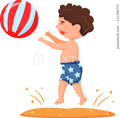 Cute little boy with curly hair wearing swimming trunks happily playing with beach ball on the sand, enjoying summer vacation and seaside resort 122306755