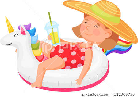 Young girl enjoying a sunny day on a unicorn shaped pool float, sipping a refreshing drink. Wearing a sun hat and swimsuit, she embodies carefree summer fun and relaxation 122306756