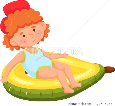 Redhead child wearing swimsuit and red hat relaxing floating on yellow and green inflatable ring shaped like an avocado, having fun during summer vacation at the beach or swimming pool Redhead child wearing swimsuit and red hat relaxing floating on yellow and green inflatable ring shaped like an avocado, having fun during summer vacation at the beach or swimming pool 122306757