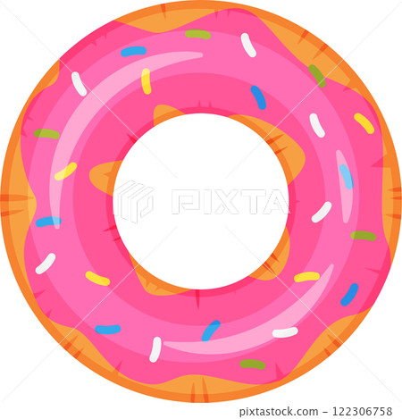 Colorful, inflatable pink donut ring with sprinkles, perfect for summer pool parties and beach vacations, providing fun and relaxation in the water Colorful, inflatable pink donut ring with sprinkles, perfect for summer pool parties and beach vacations, providing fun and relaxation in the water 122306758