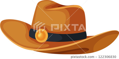 Brown cowboy hat featuring a wide brim and a decorative band with a circular ornament. Iconic western accessory symbolizing adventure and rugged style 122306830