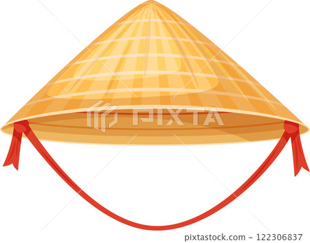 Asian conical hat made of straw with red ribbons, representing traditional clothing and cultural heritage of East and Southeast Asia, often worn for sun protection and as a fashion accessory 122306837