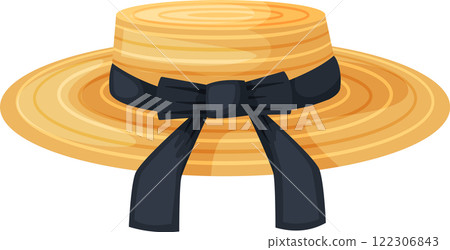 Yellow straw hat with black ribbon, representing summer fashion, elegance, and a classic style, perfect for sunny days and outdoor activities Yellow straw hat with black ribbon, representing summer fashion, elegance, and a classic style, perfect for sunny days and outdoor activities 122306843