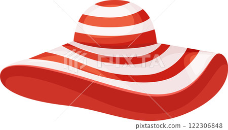 Stylish wide brimmed sun hat with red and white stripes, providing essential protection from the sun s rays during hot summer days at the beach or outdoor activities Stylish wide brimmed sun hat with red and white stripes, providing essential protection from the sun s rays during hot summer days at the beach or outdoor activities 122306848