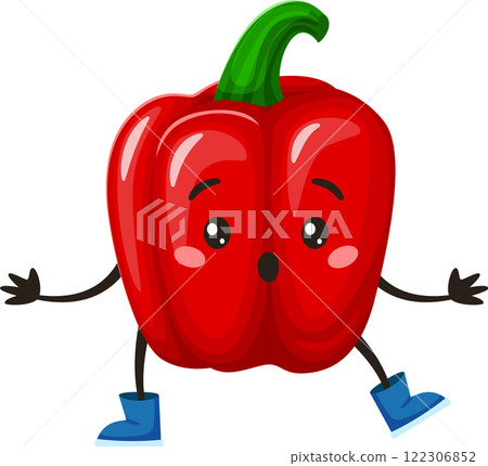 Cartoon illustration of a surprised red bell pepper wearing blue boots, with arms and legs, isolated on a white background, perfect for healthy eating and vegetarian lifestyle projects Cartoon illustration of a surprised red bell pepper wearing blue boots, with arms and legs, isolated on a white background, perfect for healthy eating and vegetarian lifestyle projects 122306852