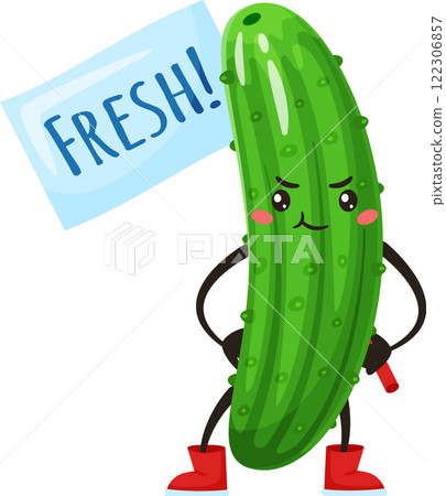 Cartoon cucumber character wearing vibrant red boots, joyfully holding a fresh sign that promotes healthy eating and a lively lifestyle in a fun and engaging manner 122306857