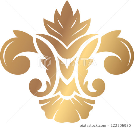 Luxurious golden emblem featuring an intricate floral motif with swirling leaves and a central symmetrical design, perfect for adding a touch of elegance to any decorative project Luxurious golden emblem featuring an intricate floral motif with swirling leaves and a central symmetrical design, perfect for adding a touch of elegance to any decorative project 122306980