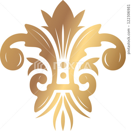Luxurious golden fleur de lis ornament shining brightly on a white background, creating a sophisticated and elegant design element perfect for various projects Luxurious golden fleur de lis ornament shining brightly on a white background, creating a sophisticated and elegant design element perfect for various projects 122306981