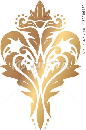 Intricate gold floral pattern showcasing a symmetrical design with elegant curves and decorative elements, perfect for luxury branding, invitations, or interior decor inspiration 122306985