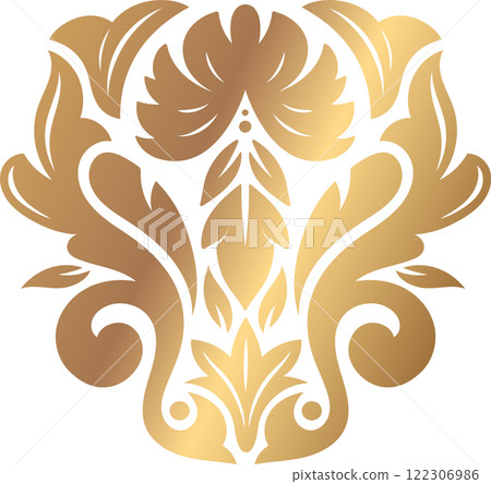 Luxurious gold floral pattern featuring intricate, ornate designs with symmetrical elements. Perfect for decorative projects, wallpaper, or textile design, adding a touch of sophistication 122306986