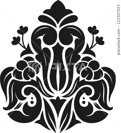 Intricate black floral design featuring symmetrical patterns and stylized botanical elements. Elegant curves and detailed motifs create a decorative and artistic visual appeal Intricate black floral design featuring symmetrical patterns and stylized botanical elements. Elegant curves and detailed motifs create a decorative and artistic visual appeal 122307023