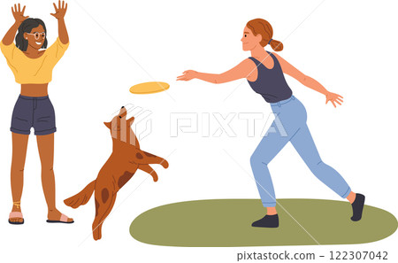 Two young women and a brown dog are having fun in the park playing with a frisbee. The dog is jumping to catch the frisbee and one of the women is throwing it while the other one is raising her hands 122307042