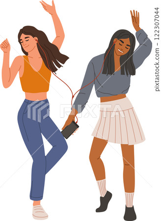 Two diverse female friends wearing earphones and joyfully dancing while listening to music from a smartphone, celebrating friendship and enjoying their time together 122307044