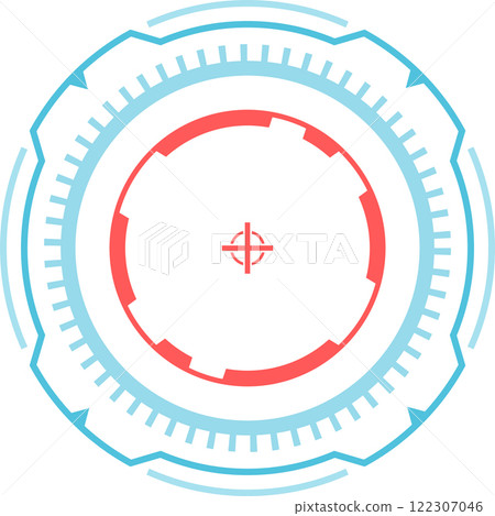 Futuristic heads up display interface featuring a circular design with a crosshair, perfect for video games, virtual reality, and applications needing precise targeting Futuristic heads up display interface featuring a circular design with a crosshair, perfect for video games, virtual reality, and applications needing precise targeting 122307046