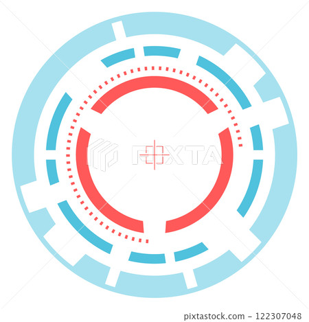 Futuristic loading target icon with red and light blue concentric circles and a crosshair in the center, symbolizing progress, technology, and aiming, suitable for user interfaces or game design Futuristic loading target icon with red and light blue concentric circles and a crosshair in the center, symbolizing progress, technology, and aiming, suitable for user interfaces or game design 122307048