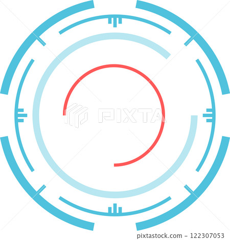 Modern, futuristic head up display - HUD - element featuring concentric circles in blue and red, creating a technological and abstract design on a white background Modern, futuristic head up display - HUD - element featuring concentric circles in blue and red, creating a technological and abstract design on a white background 122307053