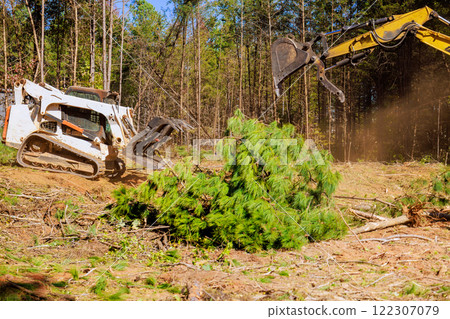 Trees are uprooted when contractor uses an excavator to prepare land for construction 122307079