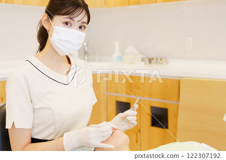 Dental hygienist doing dental examination 122307192