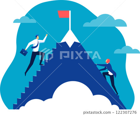 Business professionals ascend a mountain staircase toward a red flag, symbolizing career success and goal achievement. The image conveys teamwork, ambition, and perseverance in a corporate setting 122307276