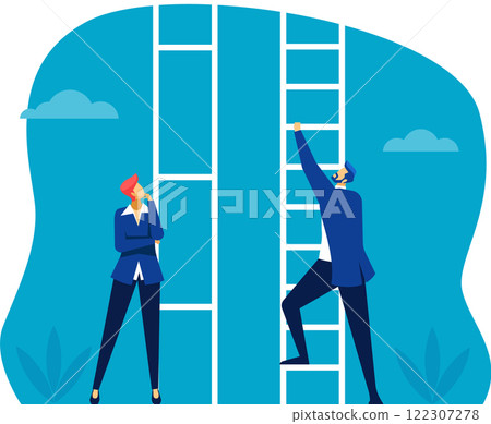 Businesswoman is thinking about her career path while a businessman is climbing a ladder, representing different approaches to career growth and development Businesswoman is thinking about her career path while a businessman is climbing a ladder, representing different approaches to career growth and development 122307278