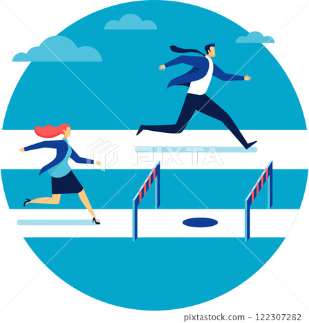 Businessman running on easy path while businesswoman facing hurdles and pitfalls representing gender gap and inequality in corporate business world 122307282