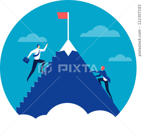 Two businessmen are taking different paths to reach the top of a mountain with a red flag, symbolizing success and different career paths in business 122307283
