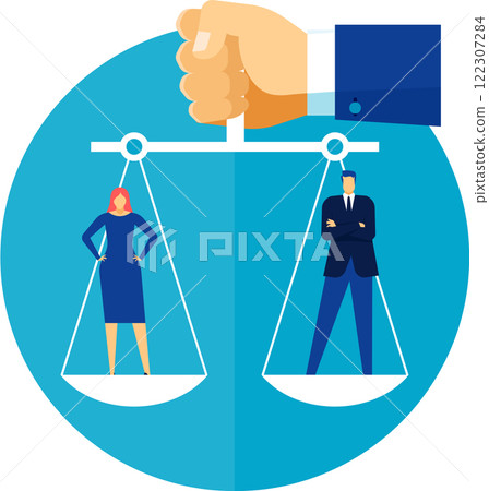 Giant hand holding a balance scale with a businesswoman and businessman on each side, representing gender equality, equal opportunities, and fair treatment 122307284
