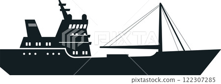 Black silhouette of a fishing boat gliding across the sea, equipped with fishing gear and ready for a productive day on the water, capturing the essence of maritime industry Black silhouette of a fishing boat gliding across the sea, equipped with fishing gear and ready for a productive day on the water, capturing the essence of maritime industry 122307285
