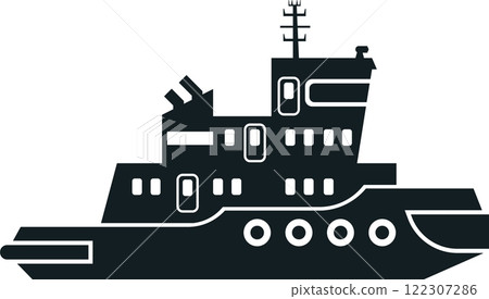 Black and white silhouette of a tugboat with detailed features, including windows and chimneys, set against a plain background. Ideal for maritime and nautical themed designs Black and white silhouette of a tugboat with detailed features, including windows and chimneys, set against a plain background. Ideal for maritime and nautical themed designs 122307286