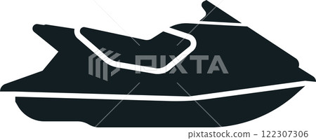 Black and white vector icon depicting a jet ski, capturing the essence of summer activities, water sports, and recreational vehicles for leisure and adventure enthusiasts 122307306