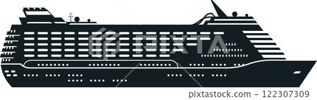 Detailed silhouette of a modern cruise ship showcasing its sleek design and multiple decks. Ideal for travel, tourism, and maritime themes, emphasizing luxury and adventure Detailed silhouette of a modern cruise ship showcasing its sleek design and multiple decks. Ideal for travel, tourism, and maritime themes, emphasizing luxury and adventure 122307309