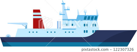 Modern oceanographic research vessel equipped with advanced technology sailing smoothly on calm blue water under a clear sky, ideal for marine research and exploration 122307326