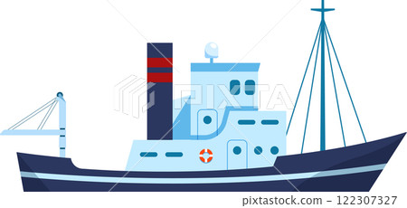 Illustration of a modern cargo ship featuring a blue and white color scheme, showcasing nautical elements like lifebuoy and masts, highlighting maritime transportation themes 122307327