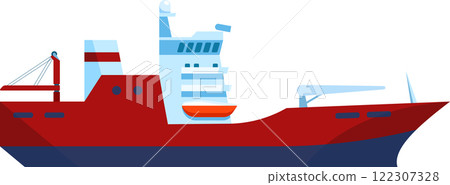 Illustration of a modern cargo ship showcasing a sleek red and blue design. The vessel features advanced structures and equipment, emphasizing maritime transport and industry Illustration of a modern cargo ship showcasing a sleek red and blue design. The vessel features advanced structures and equipment, emphasizing maritime transport and industry 122307328