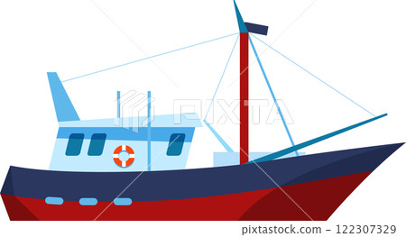 Red, blue, and light blue fishing boat sailing on a white background, featuring a mast, ropes, a cabin, lifebuoy, and portholes, capturing a vibrant maritime scene Red, blue, and light blue fishing boat sailing on a white background, featuring a mast, ropes, a cabin, lifebuoy, and portholes, capturing a vibrant maritime scene 122307329